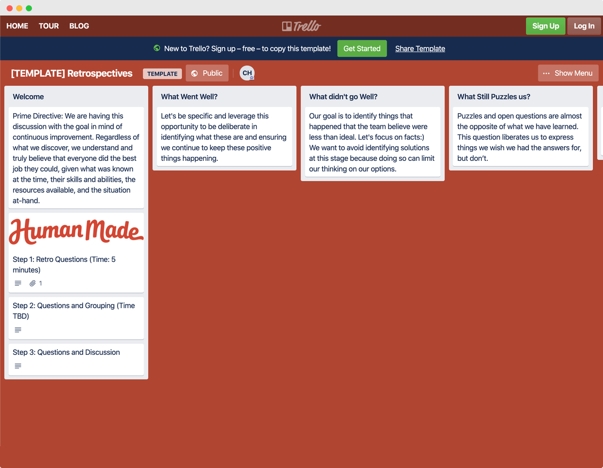 Trello template for project managers: remote (WFH) spring retrospective